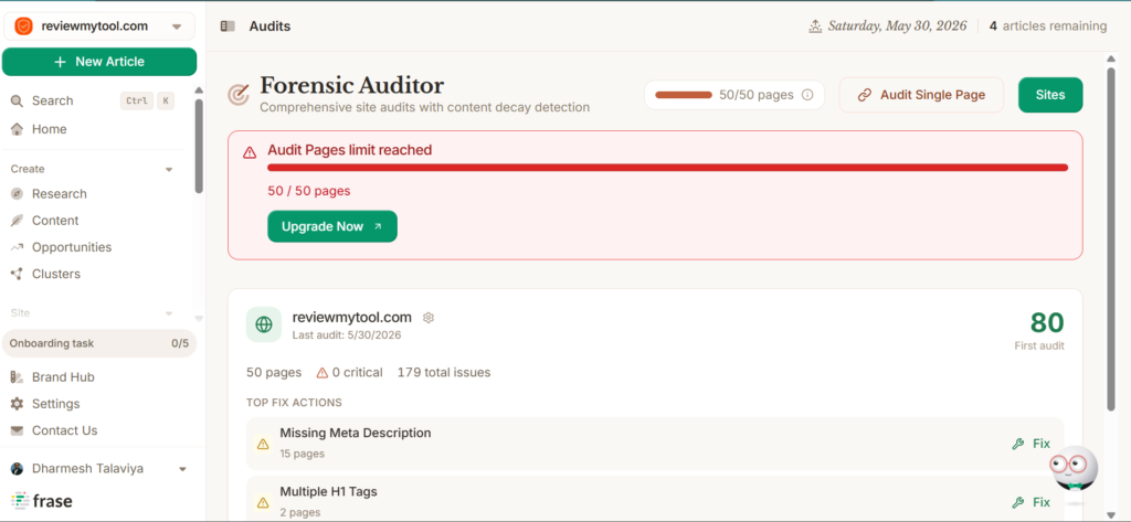 Frase Audit Limit Screenshot