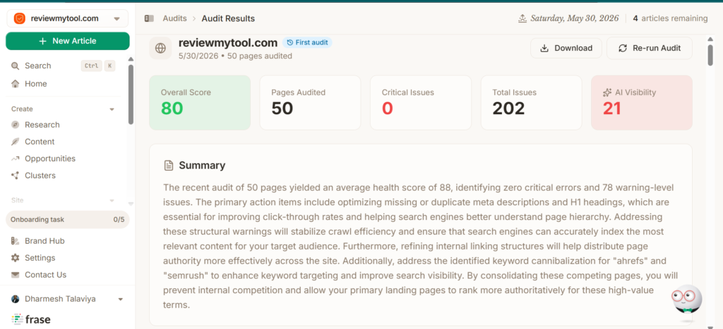Frase Site Audit Review Screenshot
