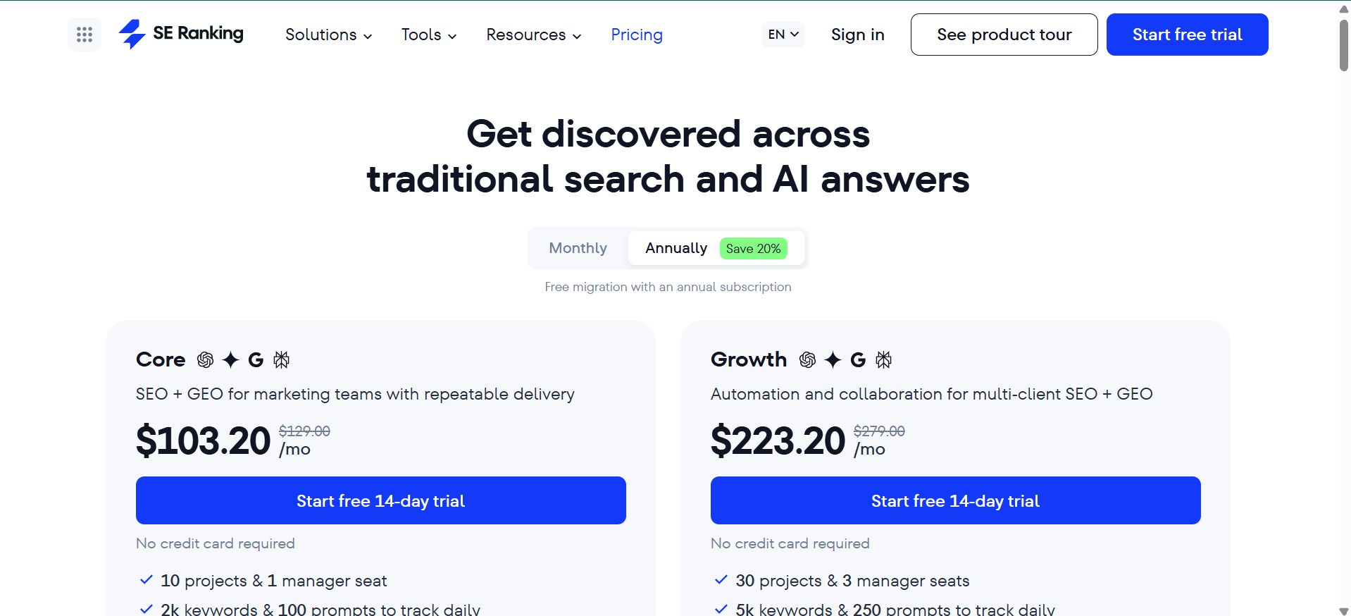 SE Ranking 2026 pricing page showing Core, Growth, and Enterprise plans