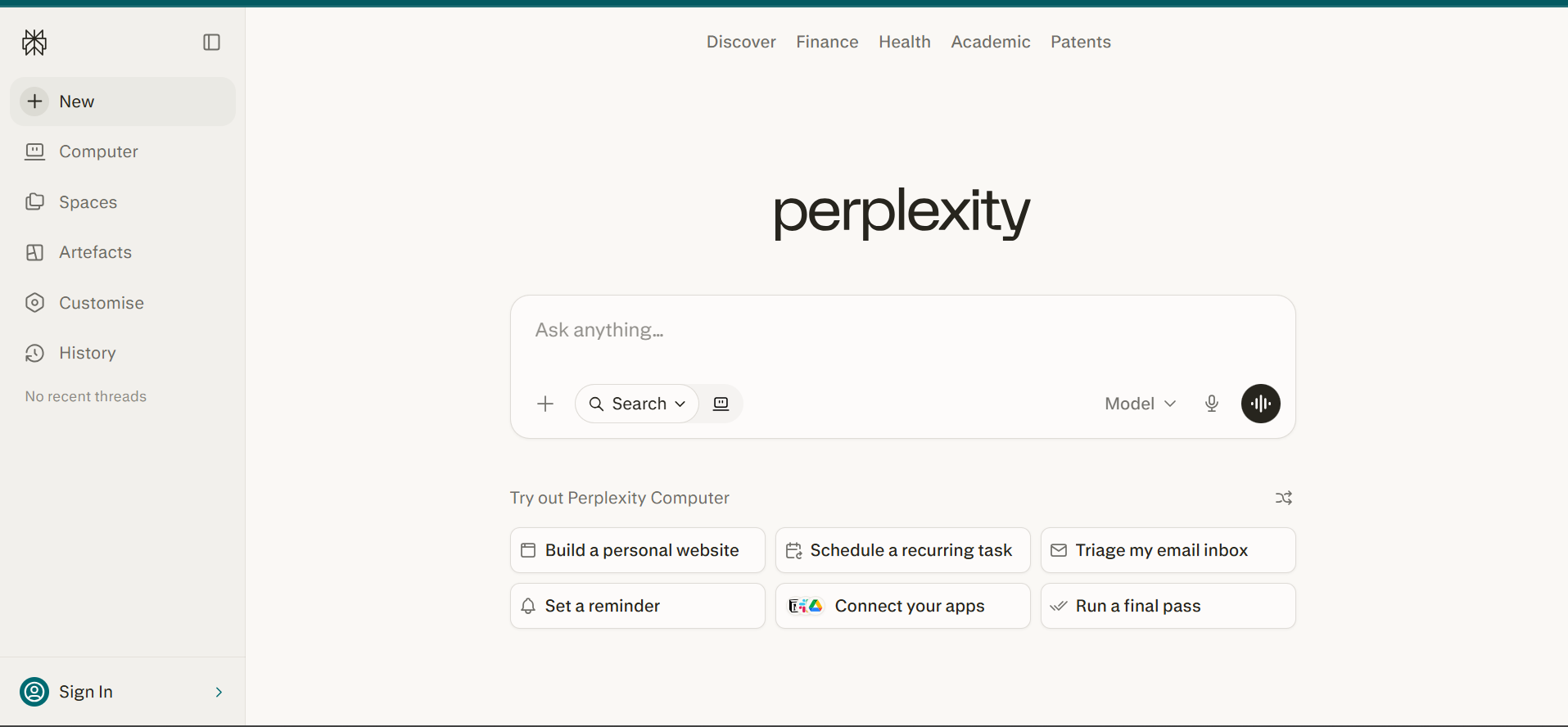 Perplexity AI search interface screenshot 2026