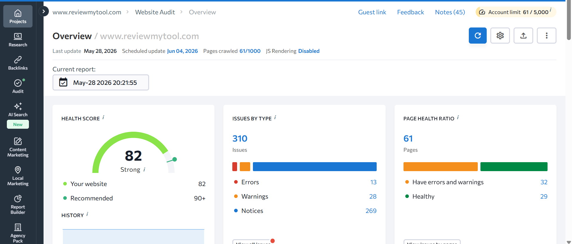 SE Ranking site audit results showing critical issues found
