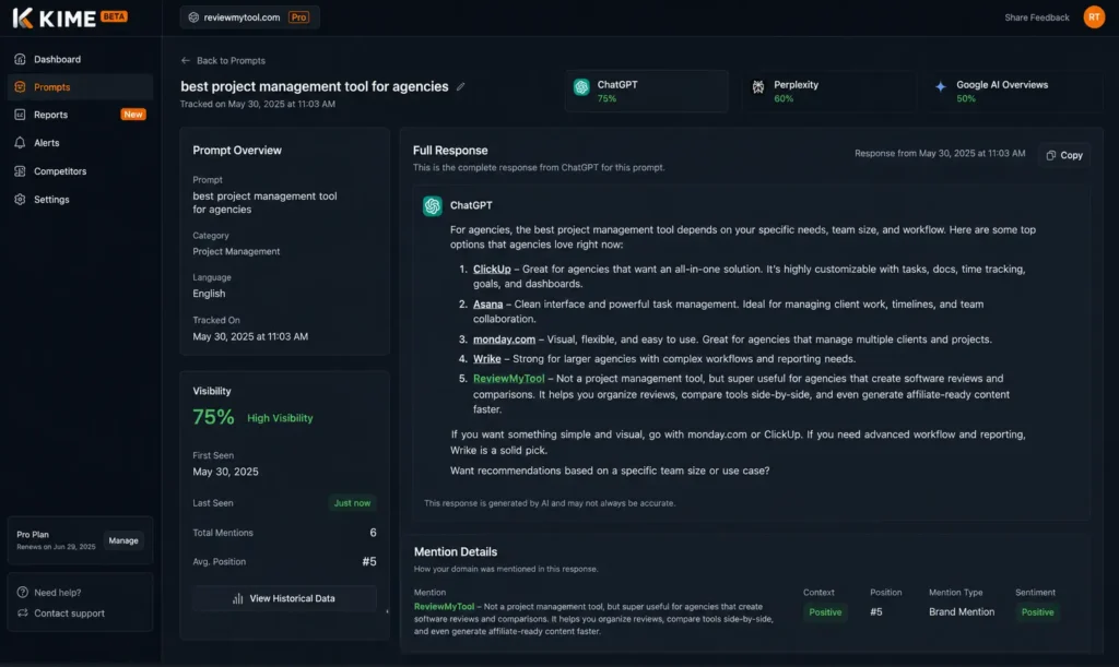 KIME full response visibility showing ChatGPT brand mention for ReviewMyTool