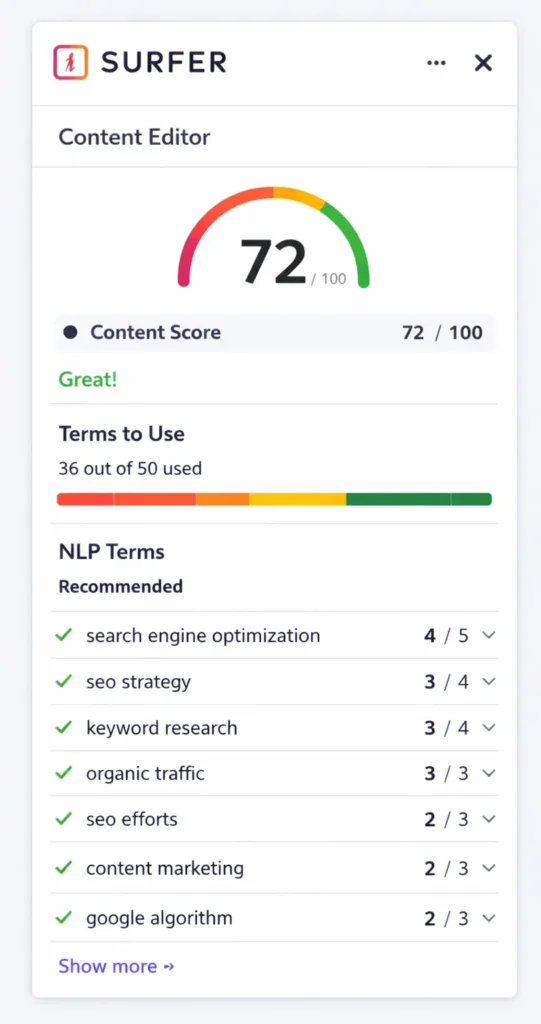 Surfer SEO Content score interface explained
