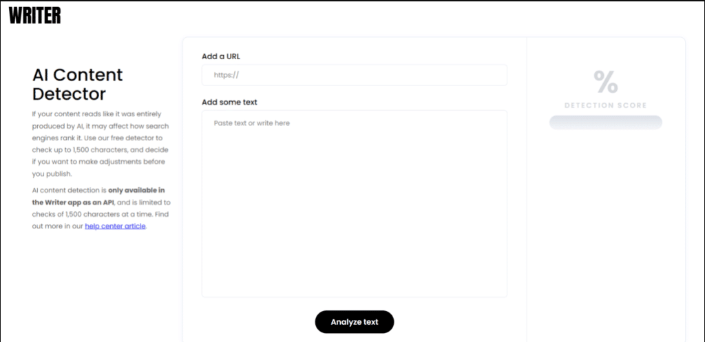 Writer.com AI content detector showing 1500 character limit and human generated percentage score in 2026