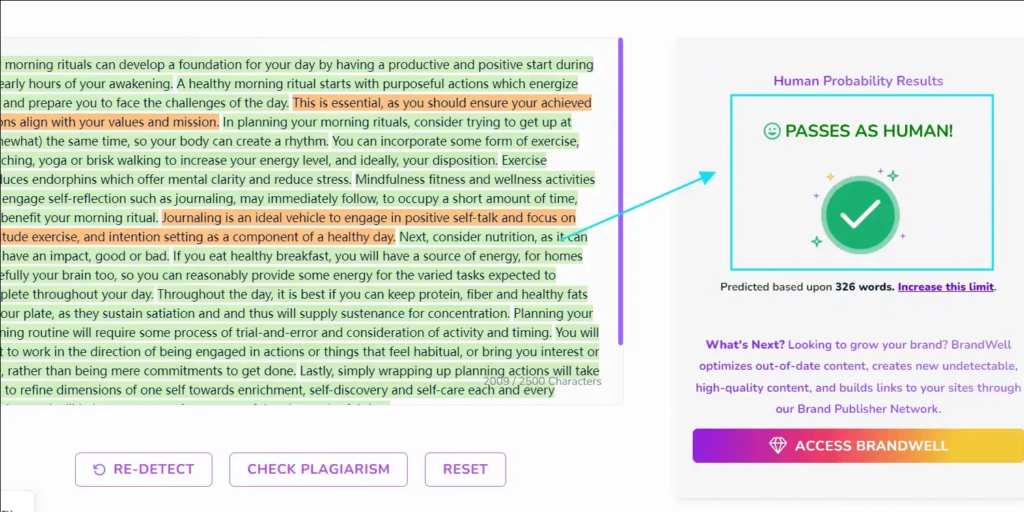 Moxby 2026 scan result showing 90 percent AI score with sentence highlighting on test essay