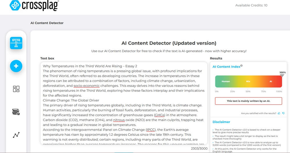 Crossplag 2026 result showing AI detection percentage alongside plagiarism similarity score