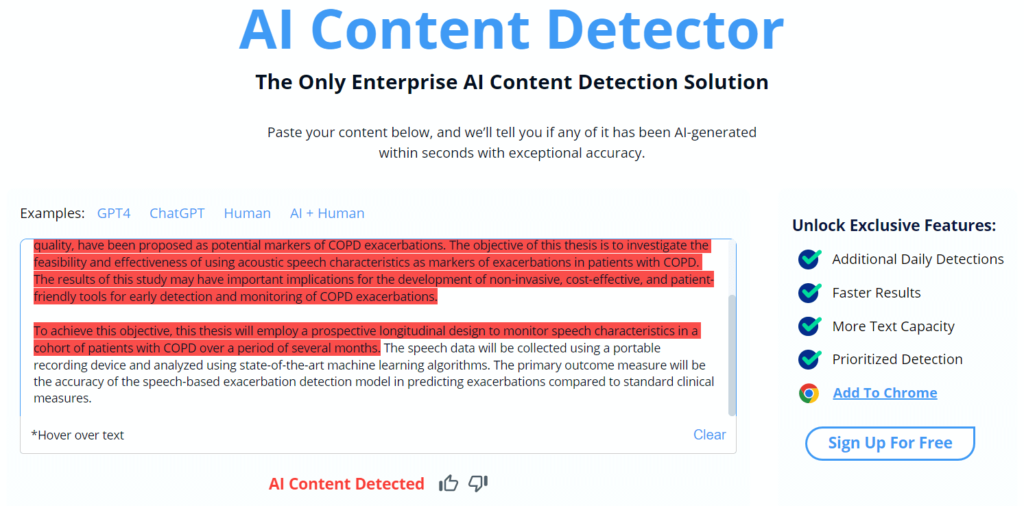 Scribbr AI detector 2026 results showing percentage score with plain language explanation and highlighted AI sentences