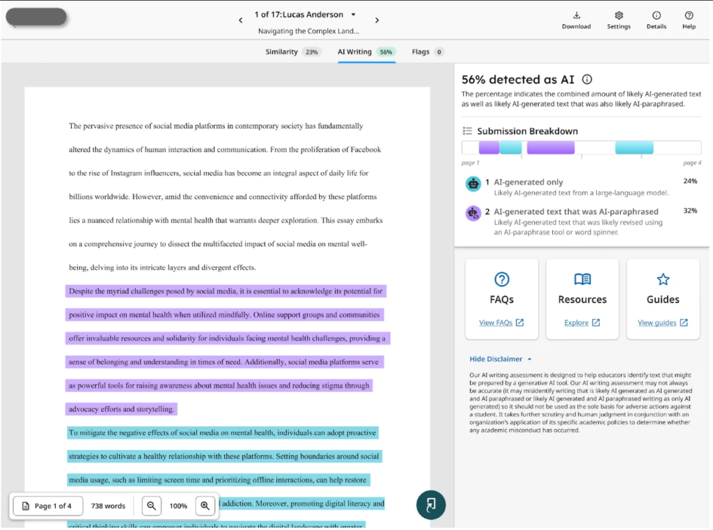 Turnitin 2026 AI writing indicator showing 96 percent AI score alongside plagiarism similarity report