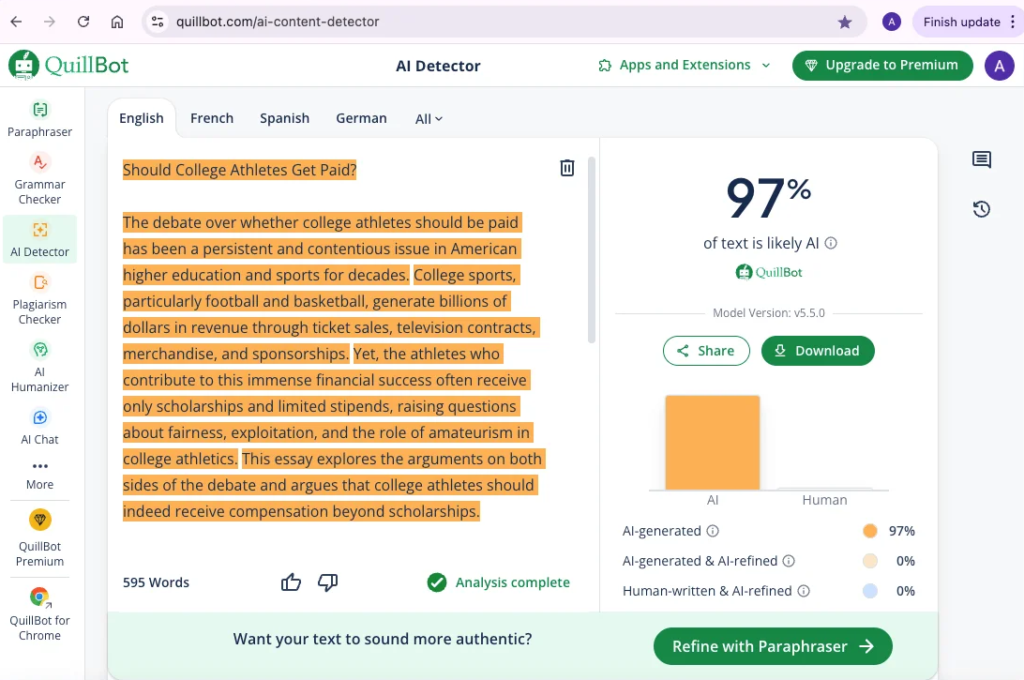Quillbot AI detector 2026 showing 85 percent on original ChatGPT text versus 22 percent on paraphrased version