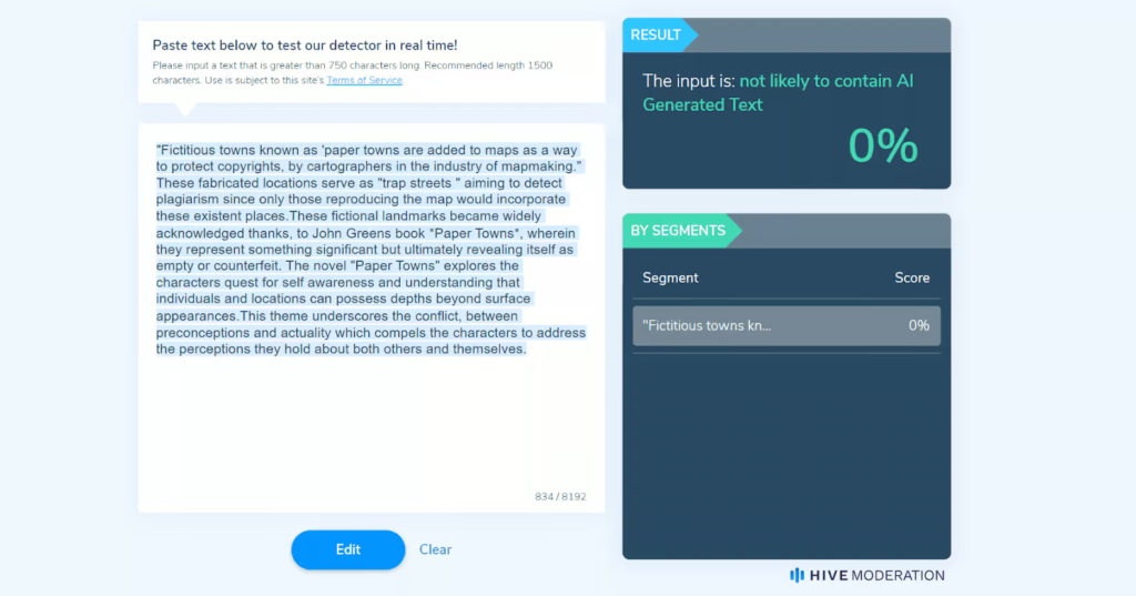Hive Moderation 2026 dashboard showing text AI detection score and AI image detection result on separate test inputs