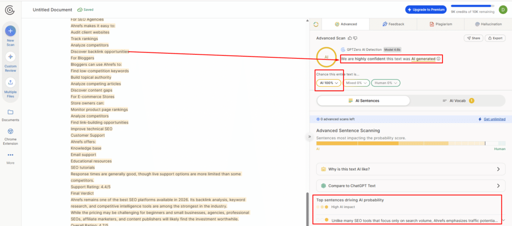 GPTZero 2026 detection result showing sentence-level AI highlighting and overall percentage score on a test essay