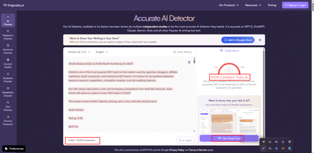 Originality.ai 2026 scan result showing 97 percent AI detection on ChatGPT content with plagiarism check alongside