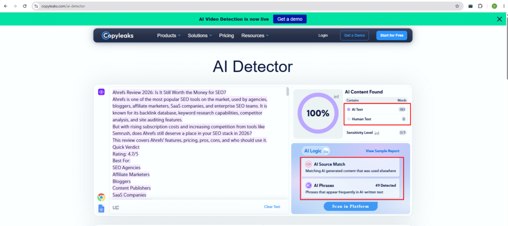 Copyleaks 2026 AI detection result showing verdict and confidence percentage on a student essay test