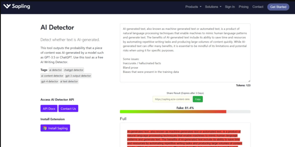 Sapling AI detector 2026 result showing percentage score and highlighted AI suspected sentences on blog content