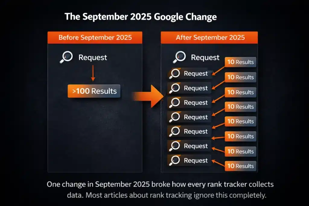 Google num=100 parameter removal September 2025 impact on rank tracking tools